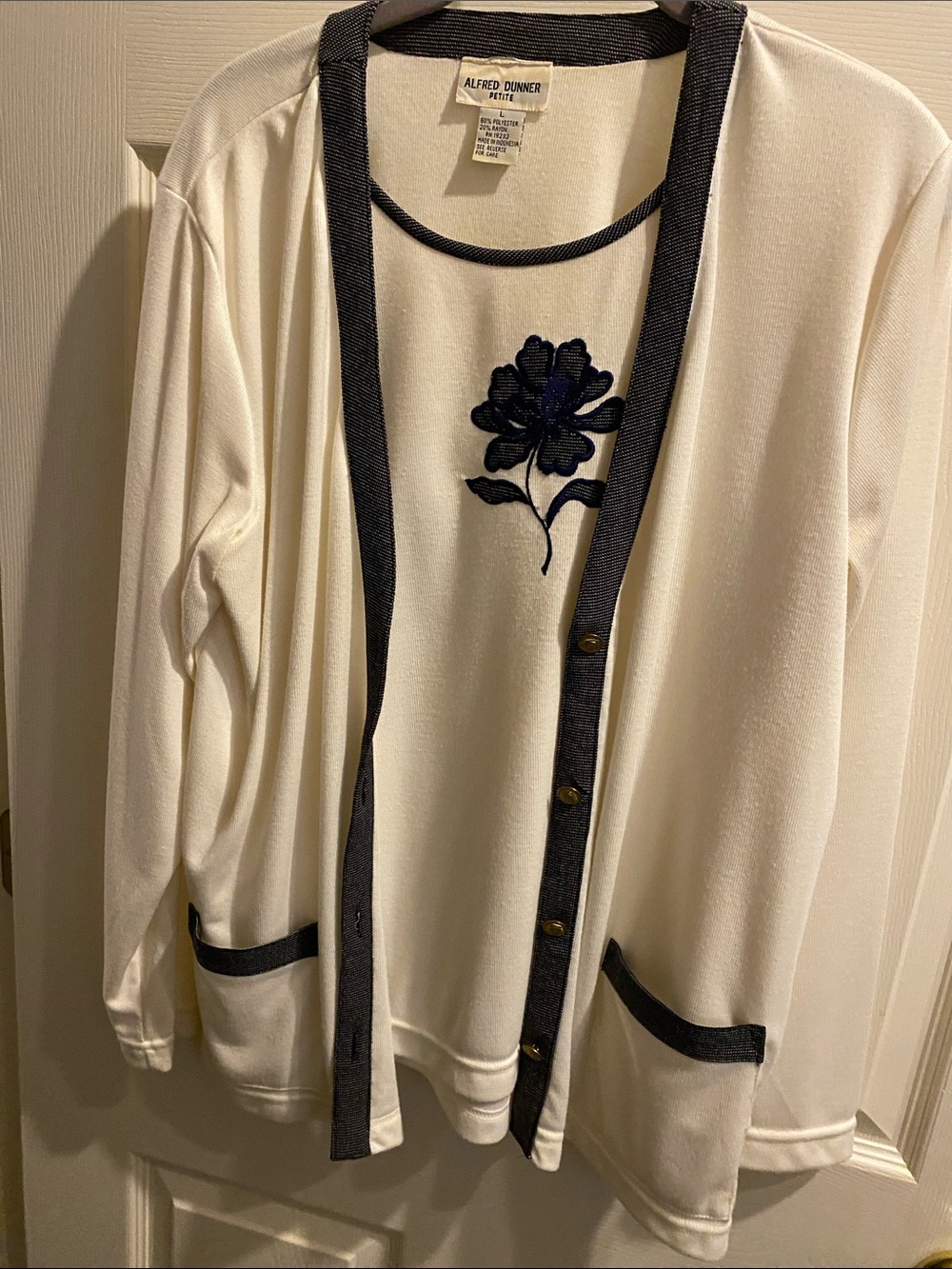 Alfred Dunner Cream Cardigan Set with Navy Trim & Floral Appliqué